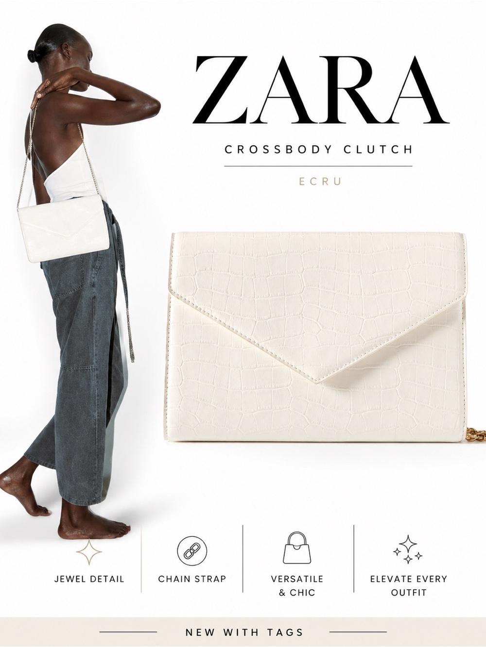 ZARA Ecru Croc Embossed Crossbody Clutch OS NWT Envelope Bag Chain Strap